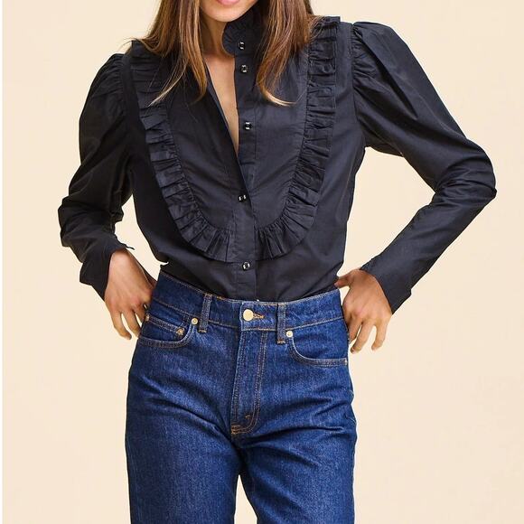 Mille Tops - Mille Jolie Top Black Cotton Poplin Blouse Ruffled Bib Button Front Women's XS